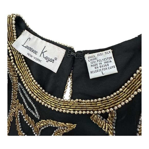 Vintage Lawrence Kazar Black Beaded Silk Top | Gold Silver Embellished | Size L - Picture 6 of 6